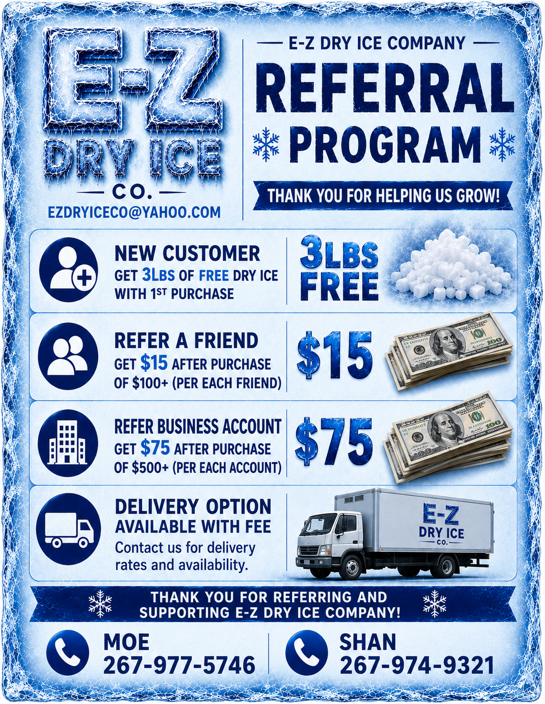 E-Z Dry Ice Referral Program flyer